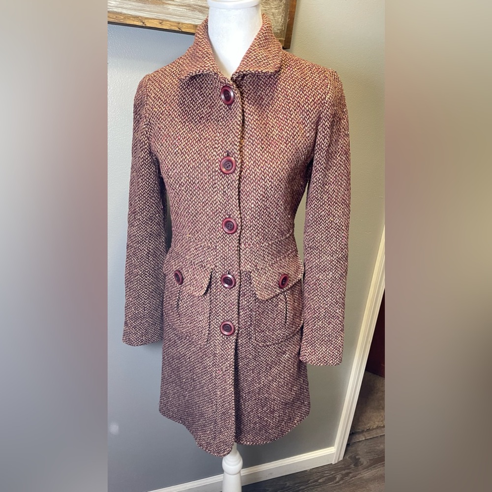 frenchi Women's Knit Tweed Long Coat Wool Y2K 90's Size Small Burgundy/Red/Beige